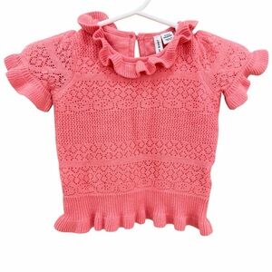 Janie and Jack Girls pointelle ruffle neck knit top in coral Size 3-6M NWOT